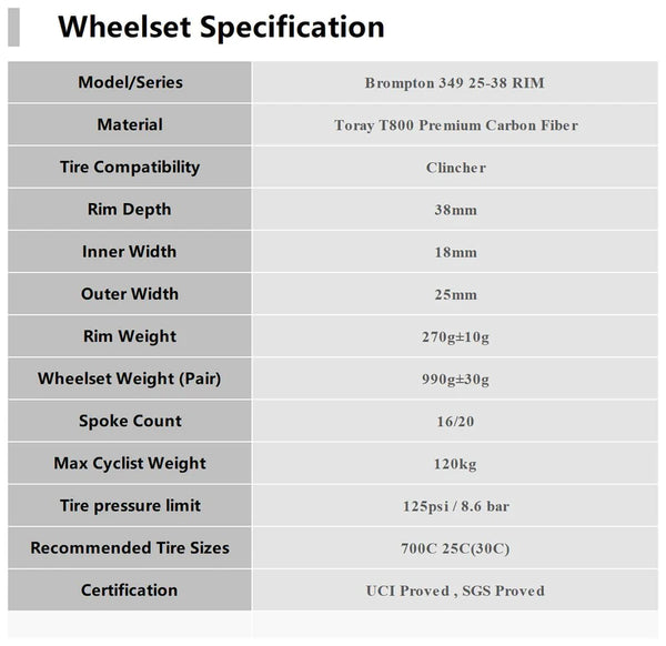 Superteam 349 Carbon Wheelset 25-38 RIM Brake For Brompton(小布專用)